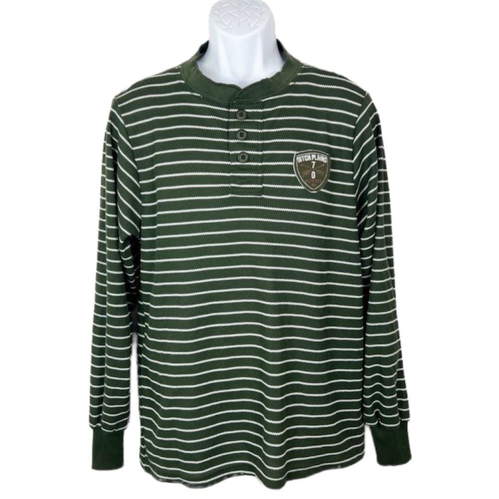 Ditch Plains Sweater Men Small Green White Stripe Henley Long Sleeve Waffle Knit